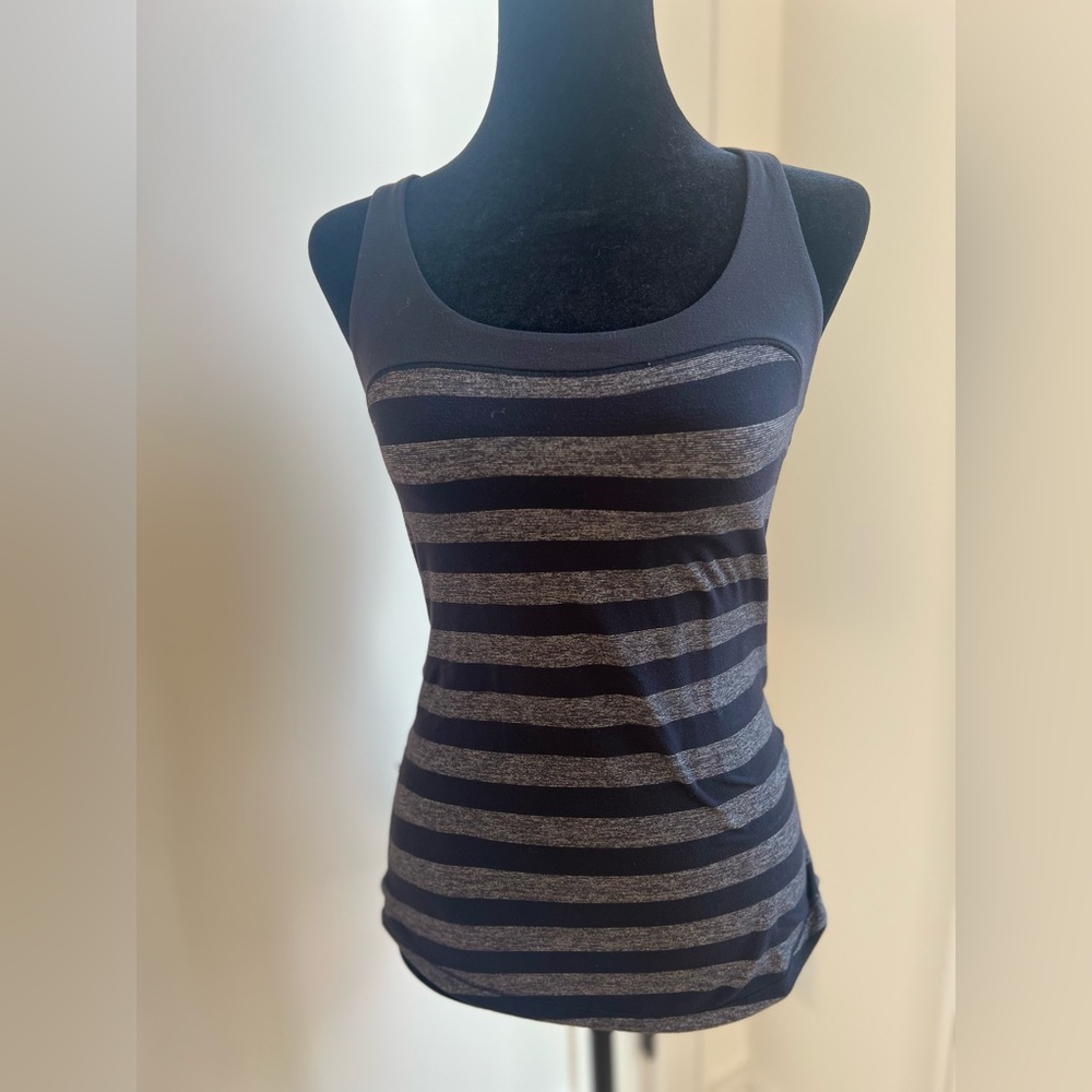 Lululemon Black and Grey Striped Scoop Neck Tank Top